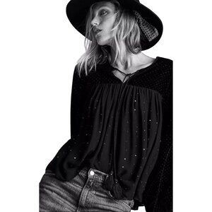 2/$30 Zara Black M Velvet  Sheer Long Sleeve Embellished Blouse Neck Tie